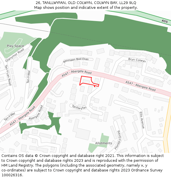 26, TANLLWYFAN, OLD COLWYN, COLWYN BAY, LL29 9LQ: Location map and indicative extent of plot