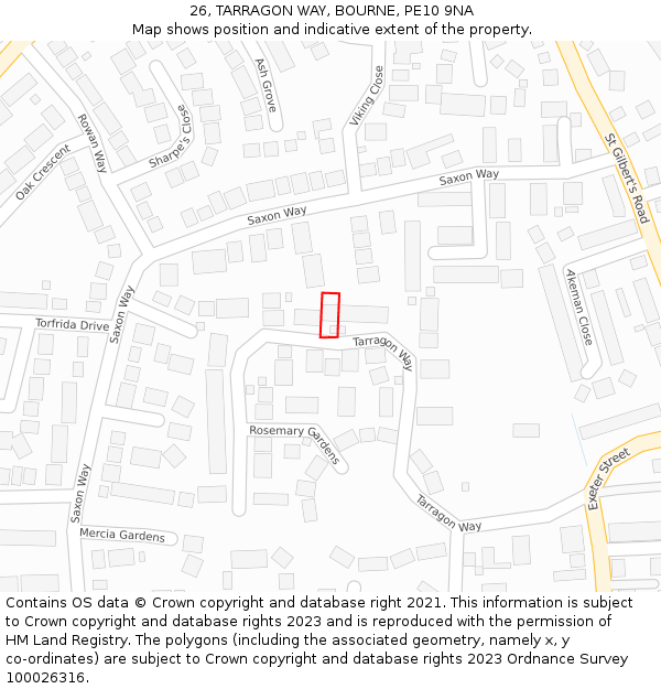 26, TARRAGON WAY, BOURNE, PE10 9NA: Location map and indicative extent of plot