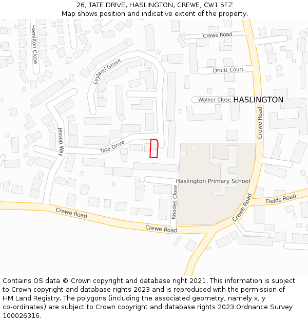 26, TATE DRIVE, HASLINGTON, CREWE, CW1 5FZ: Location map and indicative extent of plot