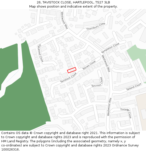 26, TAVISTOCK CLOSE, HARTLEPOOL, TS27 3LB: Location map and indicative extent of plot