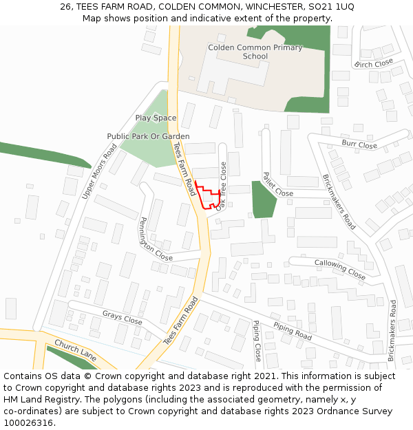 26, TEES FARM ROAD, COLDEN COMMON, WINCHESTER, SO21 1UQ: Location map and indicative extent of plot