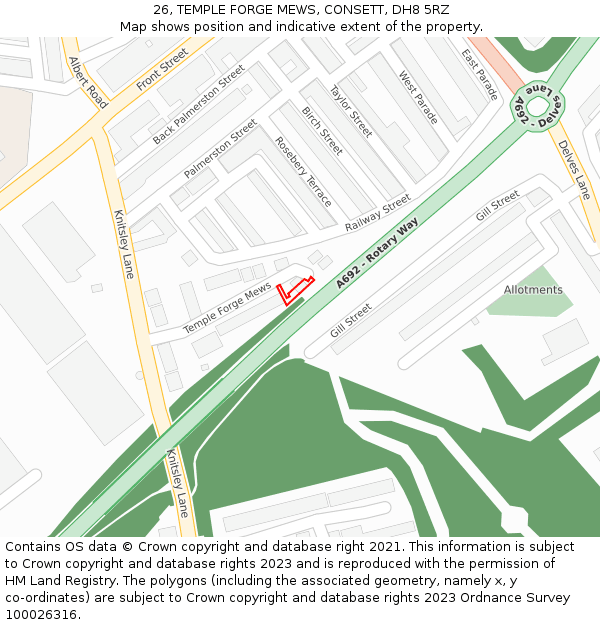 26, TEMPLE FORGE MEWS, CONSETT, DH8 5RZ: Location map and indicative extent of plot