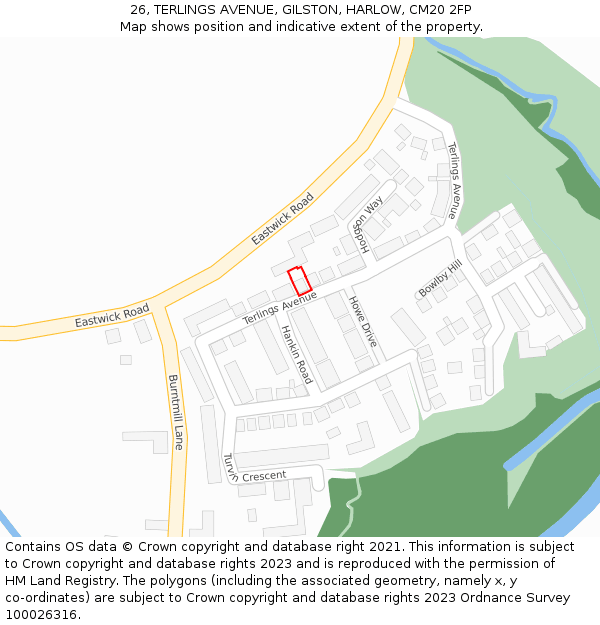 26, TERLINGS AVENUE, GILSTON, HARLOW, CM20 2FP: Location map and indicative extent of plot