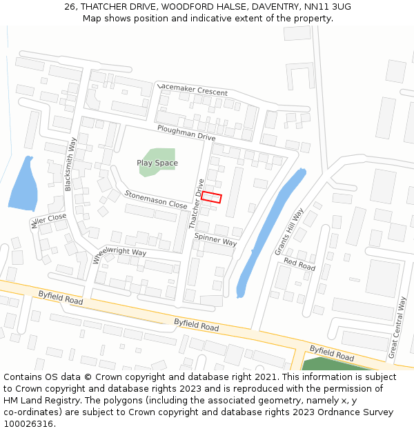 26, THATCHER DRIVE, WOODFORD HALSE, DAVENTRY, NN11 3UG: Location map and indicative extent of plot