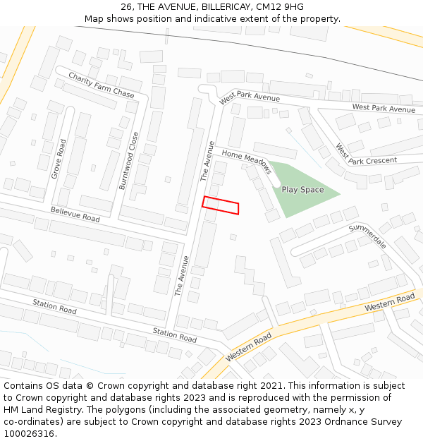 26, THE AVENUE, BILLERICAY, CM12 9HG: Location map and indicative extent of plot