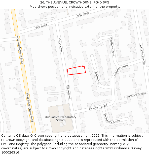 26, THE AVENUE, CROWTHORNE, RG45 6PG: Location map and indicative extent of plot