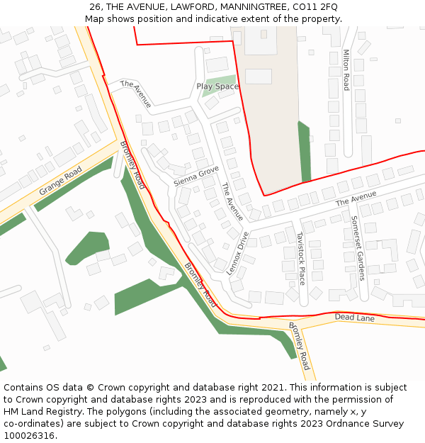 26, THE AVENUE, LAWFORD, MANNINGTREE, CO11 2FQ: Location map and indicative extent of plot