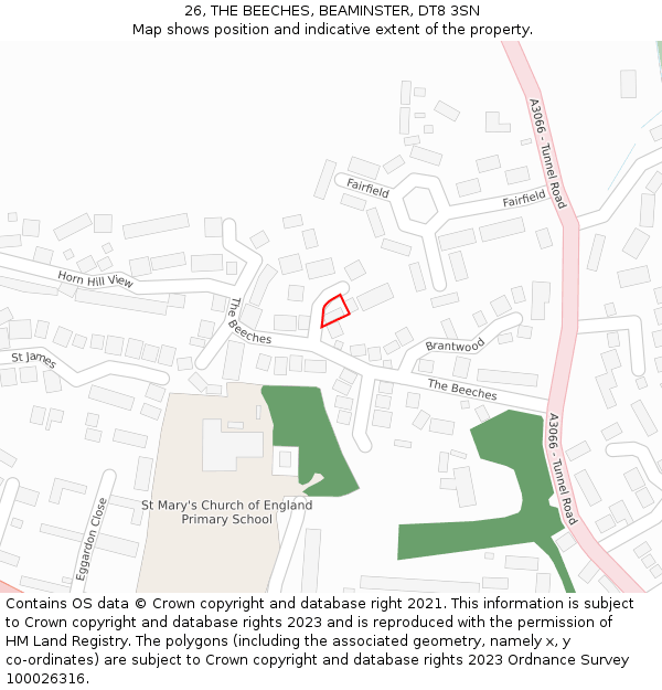 26, THE BEECHES, BEAMINSTER, DT8 3SN: Location map and indicative extent of plot