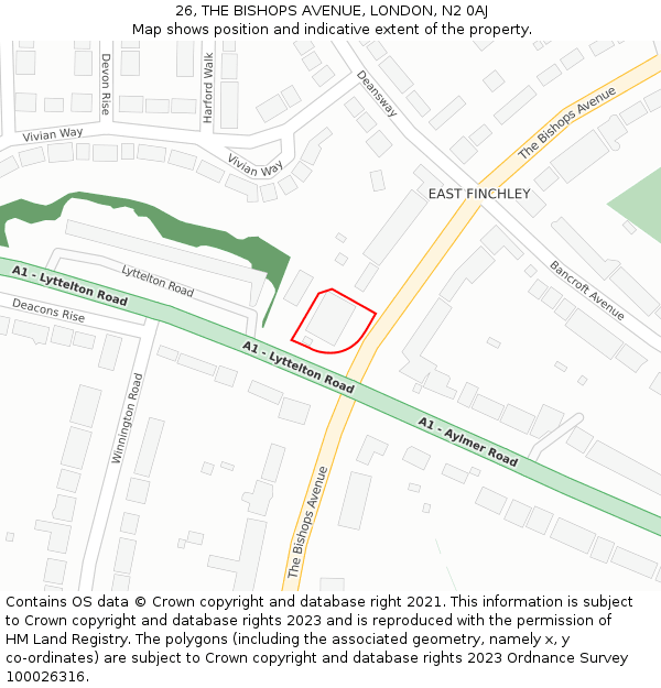 26, THE BISHOPS AVENUE, LONDON, N2 0AJ: Location map and indicative extent of plot