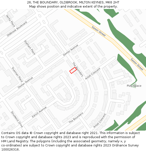 26, THE BOUNDARY, OLDBROOK, MILTON KEYNES, MK6 2HT: Location map and indicative extent of plot