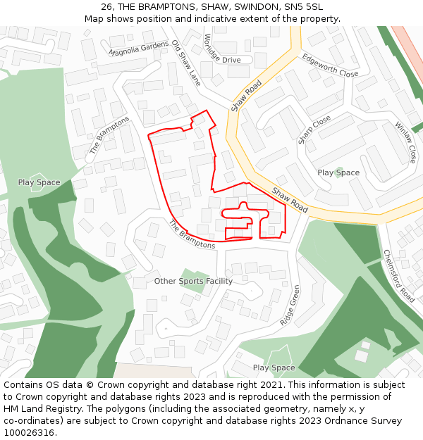 26, THE BRAMPTONS, SHAW, SWINDON, SN5 5SL: Location map and indicative extent of plot