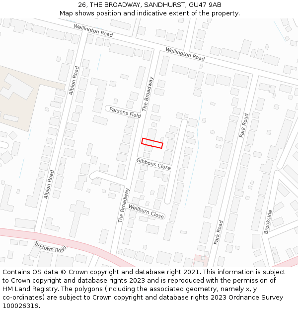 26, THE BROADWAY, SANDHURST, GU47 9AB: Location map and indicative extent of plot