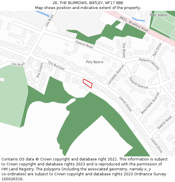 26, THE BURROWS, BATLEY, WF17 8BE: Location map and indicative extent of plot