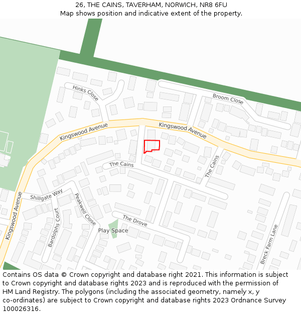 26, THE CAINS, TAVERHAM, NORWICH, NR8 6FU: Location map and indicative extent of plot