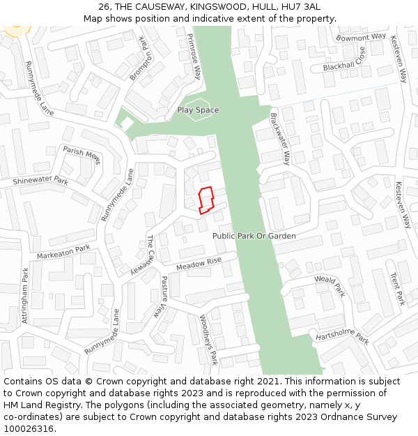 26, THE CAUSEWAY, KINGSWOOD, HULL, HU7 3AL: Location map and indicative extent of plot