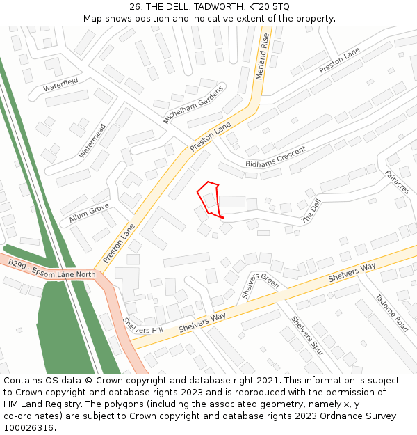 26, THE DELL, TADWORTH, KT20 5TQ: Location map and indicative extent of plot