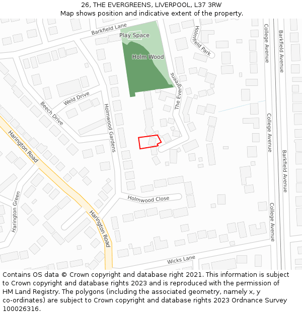 26, THE EVERGREENS, LIVERPOOL, L37 3RW: Location map and indicative extent of plot