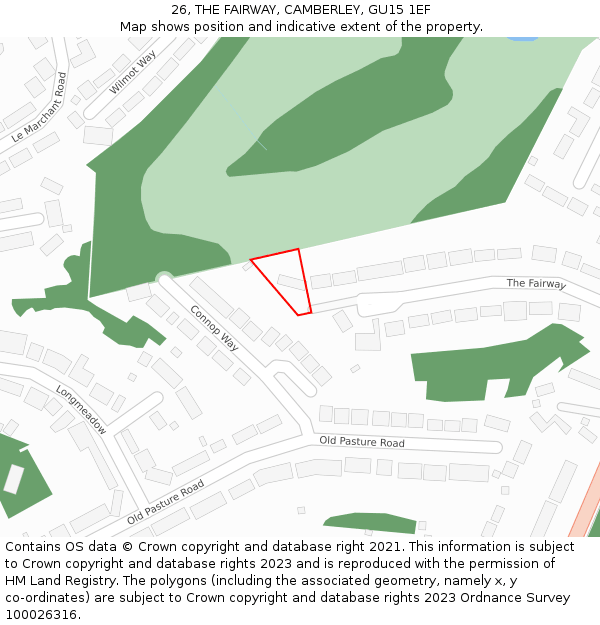 26, THE FAIRWAY, CAMBERLEY, GU15 1EF: Location map and indicative extent of plot