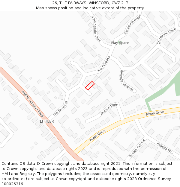 26, THE FAIRWAYS, WINSFORD, CW7 2LB: Location map and indicative extent of plot