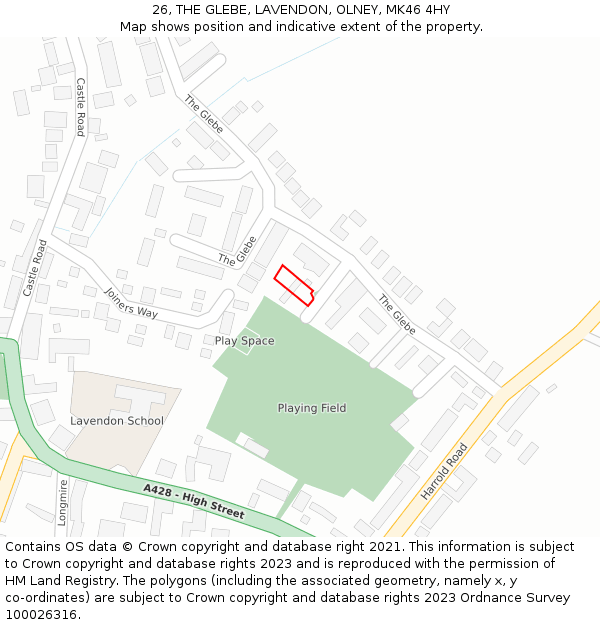 26, THE GLEBE, LAVENDON, OLNEY, MK46 4HY: Location map and indicative extent of plot