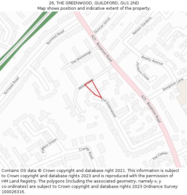 26, THE GREENWOOD, GUILDFORD, GU1 2ND: Location map and indicative extent of plot