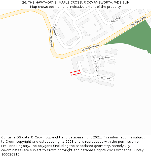 26, THE HAWTHORNS, MAPLE CROSS, RICKMANSWORTH, WD3 9UH: Location map and indicative extent of plot