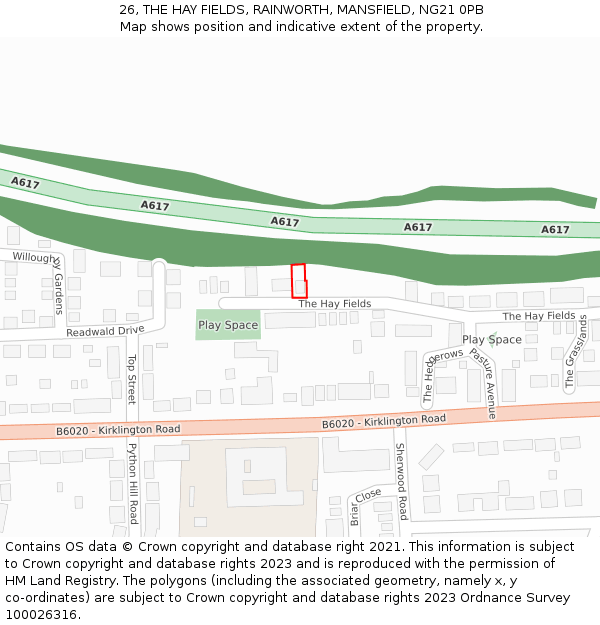 26, THE HAY FIELDS, RAINWORTH, MANSFIELD, NG21 0PB: Location map and indicative extent of plot