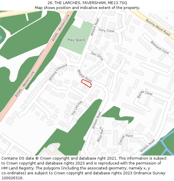 26, THE LARCHES, FAVERSHAM, ME13 7SQ: Location map and indicative extent of plot