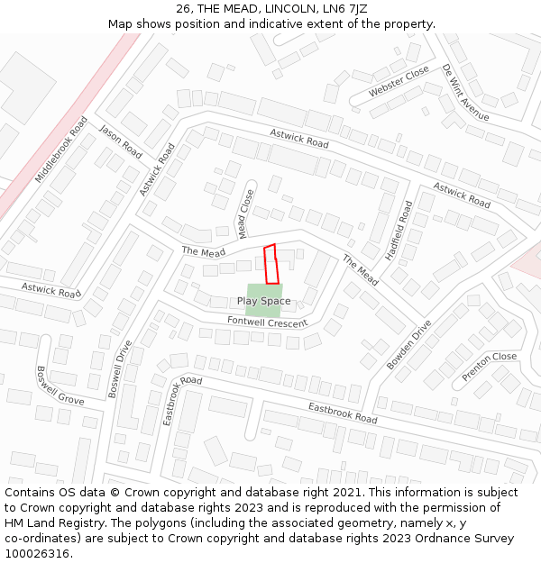 26, THE MEAD, LINCOLN, LN6 7JZ: Location map and indicative extent of plot