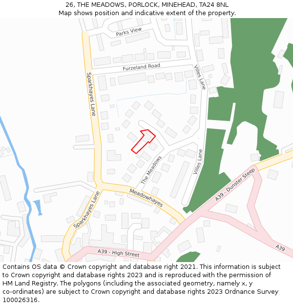 26, THE MEADOWS, PORLOCK, MINEHEAD, TA24 8NL: Location map and indicative extent of plot