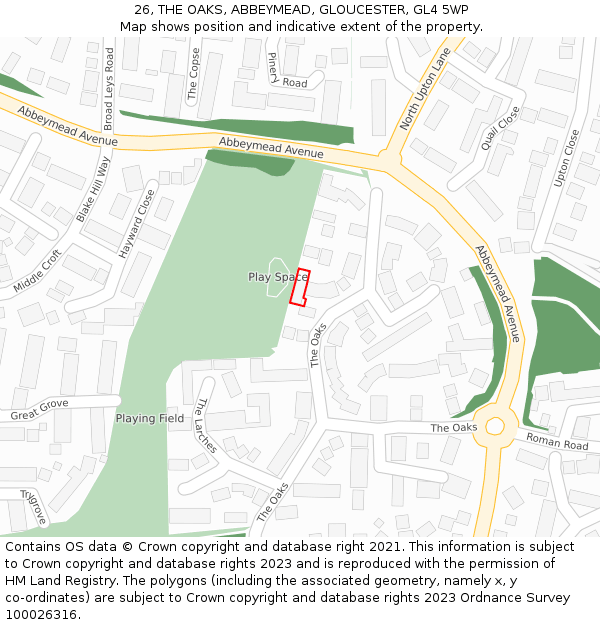 26, THE OAKS, ABBEYMEAD, GLOUCESTER, GL4 5WP: Location map and indicative extent of plot