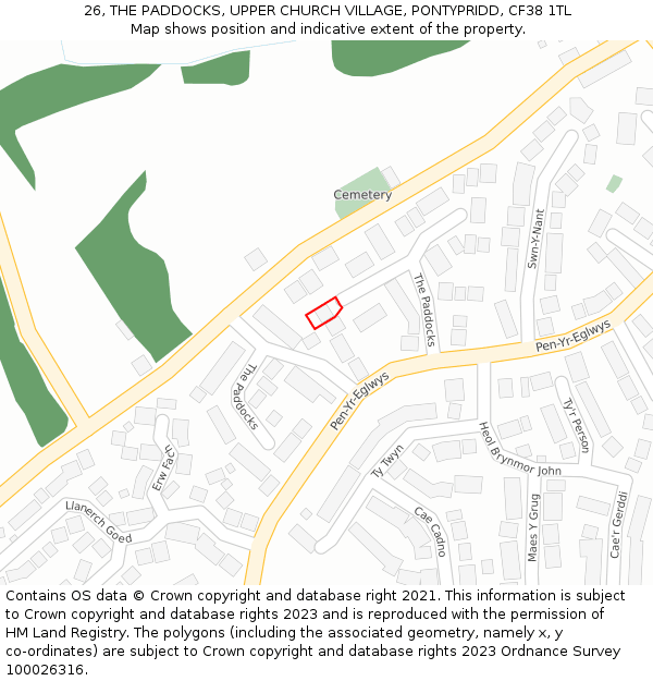 26, THE PADDOCKS, UPPER CHURCH VILLAGE, PONTYPRIDD, CF38 1TL: Location map and indicative extent of plot