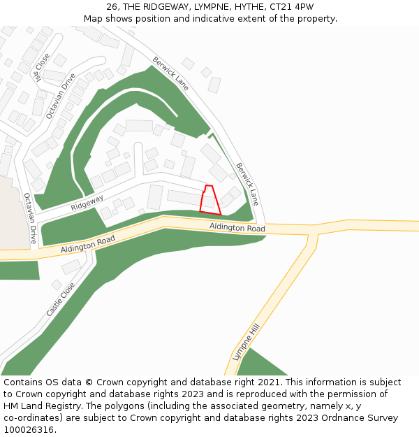 26, THE RIDGEWAY, LYMPNE, HYTHE, CT21 4PW: Location map and indicative extent of plot