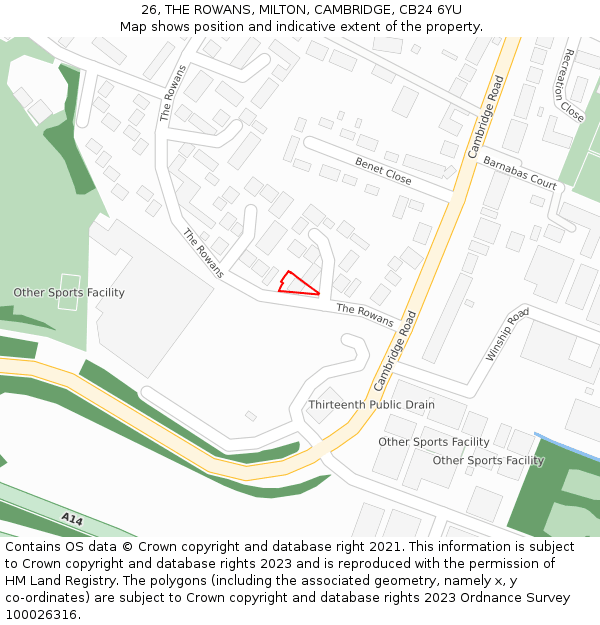 26, THE ROWANS, MILTON, CAMBRIDGE, CB24 6YU: Location map and indicative extent of plot
