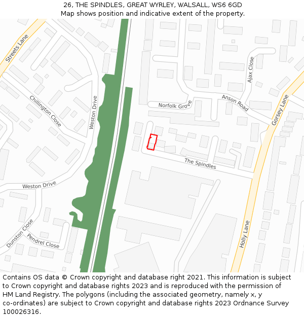 26, THE SPINDLES, GREAT WYRLEY, WALSALL, WS6 6GD: Location map and indicative extent of plot