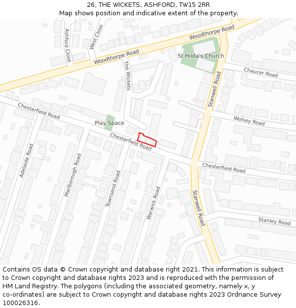 26, THE WICKETS, ASHFORD, TW15 2RR: Location map and indicative extent of plot