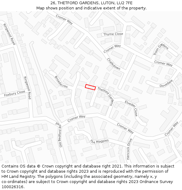 26, THETFORD GARDENS, LUTON, LU2 7FE: Location map and indicative extent of plot