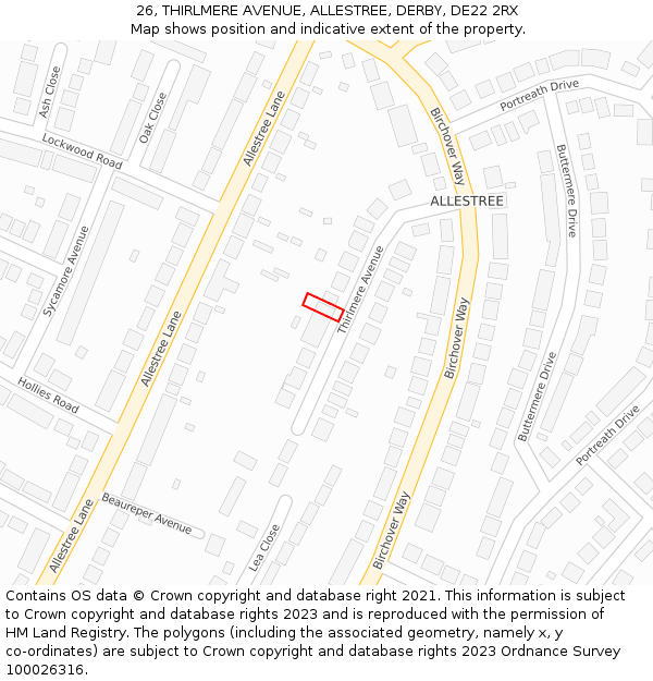 26, THIRLMERE AVENUE, ALLESTREE, DERBY, DE22 2RX: Location map and indicative extent of plot