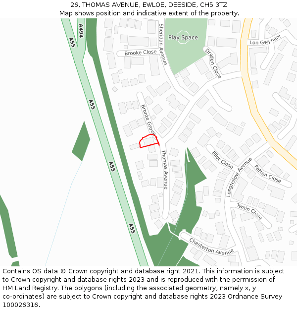 26, THOMAS AVENUE, EWLOE, DEESIDE, CH5 3TZ: Location map and indicative extent of plot