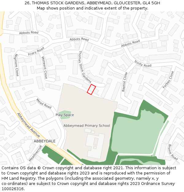 26, THOMAS STOCK GARDENS, ABBEYMEAD, GLOUCESTER, GL4 5GH: Location map and indicative extent of plot