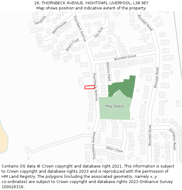 26, THORNBECK AVENUE, HIGHTOWN, LIVERPOOL, L38 9EY: Location map and indicative extent of plot