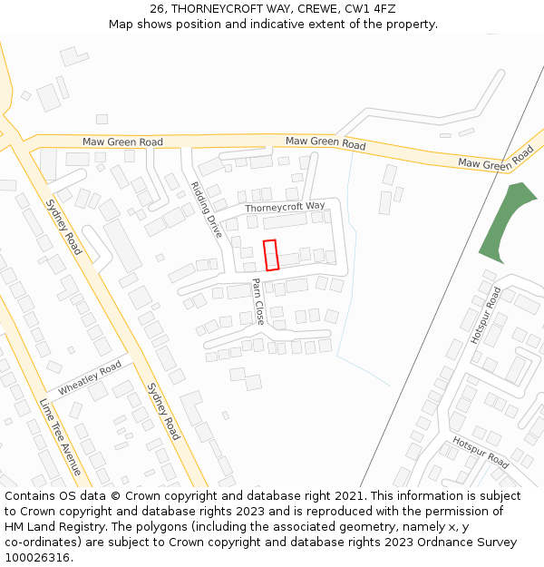 26, THORNEYCROFT WAY, CREWE, CW1 4FZ: Location map and indicative extent of plot