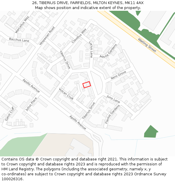 26, TIBERIUS DRIVE, FAIRFIELDS, MILTON KEYNES, MK11 4AX: Location map and indicative extent of plot