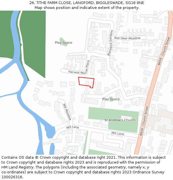 26, TITHE FARM CLOSE, LANGFORD, BIGGLESWADE, SG18 9NE: Location map and indicative extent of plot