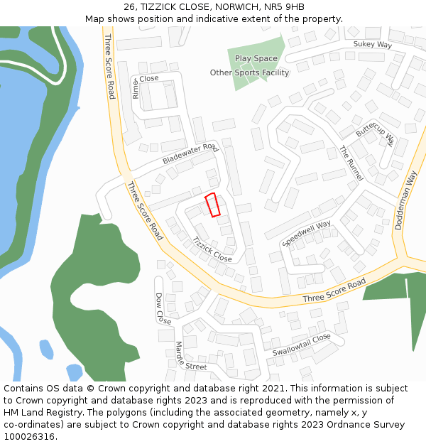 26, TIZZICK CLOSE, NORWICH, NR5 9HB: Location map and indicative extent of plot