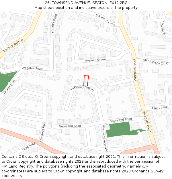 26, TOWNSEND AVENUE, SEATON, EX12 2BG: Location map and indicative extent of plot