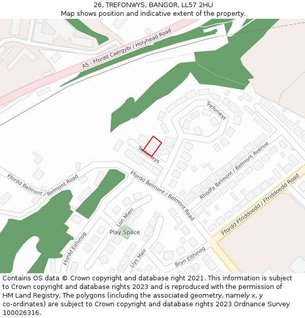 26, TREFONWYS, BANGOR, LL57 2HU: Location map and indicative extent of plot
