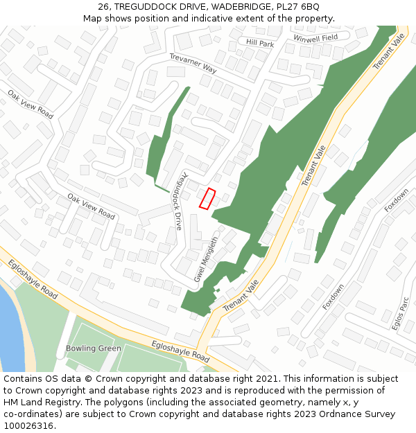 26, TREGUDDOCK DRIVE, WADEBRIDGE, PL27 6BQ: Location map and indicative extent of plot