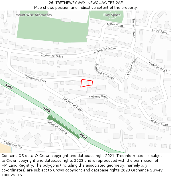 26, TRETHEWEY WAY, NEWQUAY, TR7 2AE: Location map and indicative extent of plot