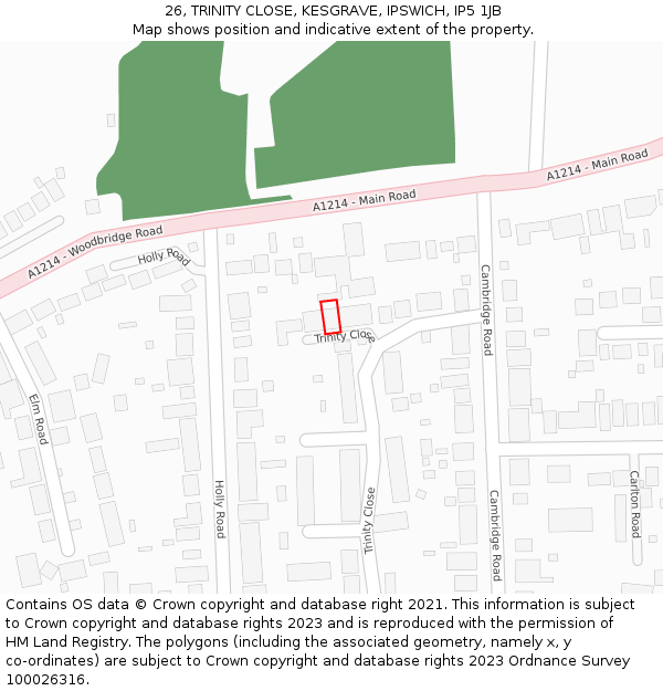26, TRINITY CLOSE, KESGRAVE, IPSWICH, IP5 1JB: Location map and indicative extent of plot